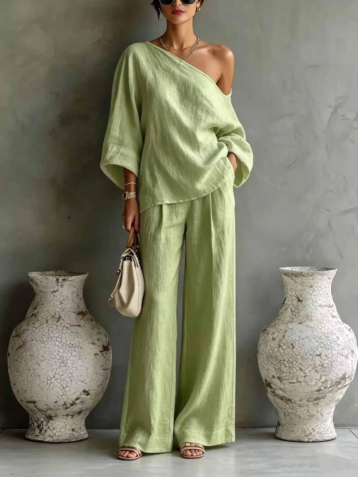 One Shoulder Top and Wide Leg Pants Set - Lime - View 1