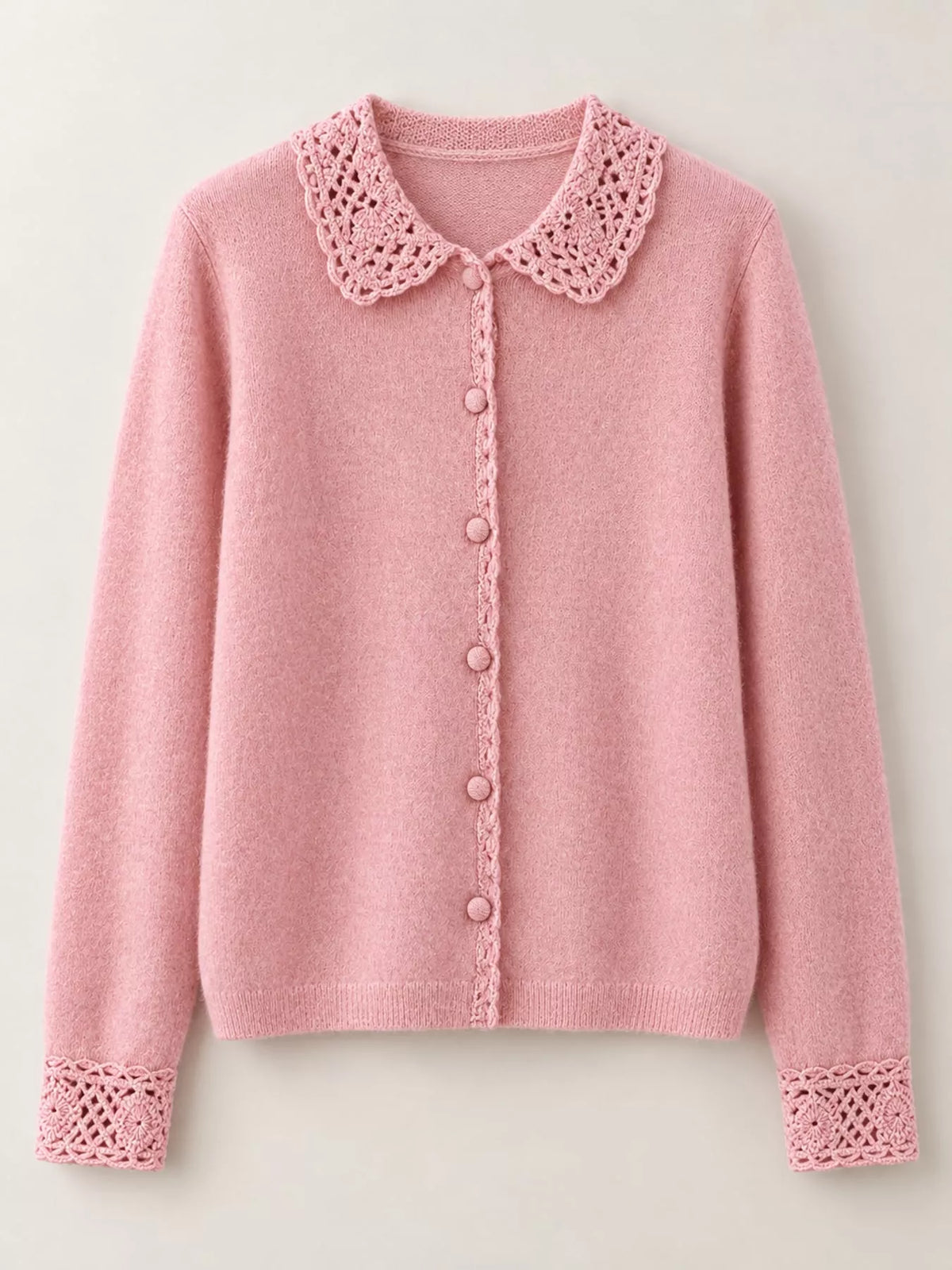 Lace-Collar Button Down Knit Cardigan - Pink - View 5
