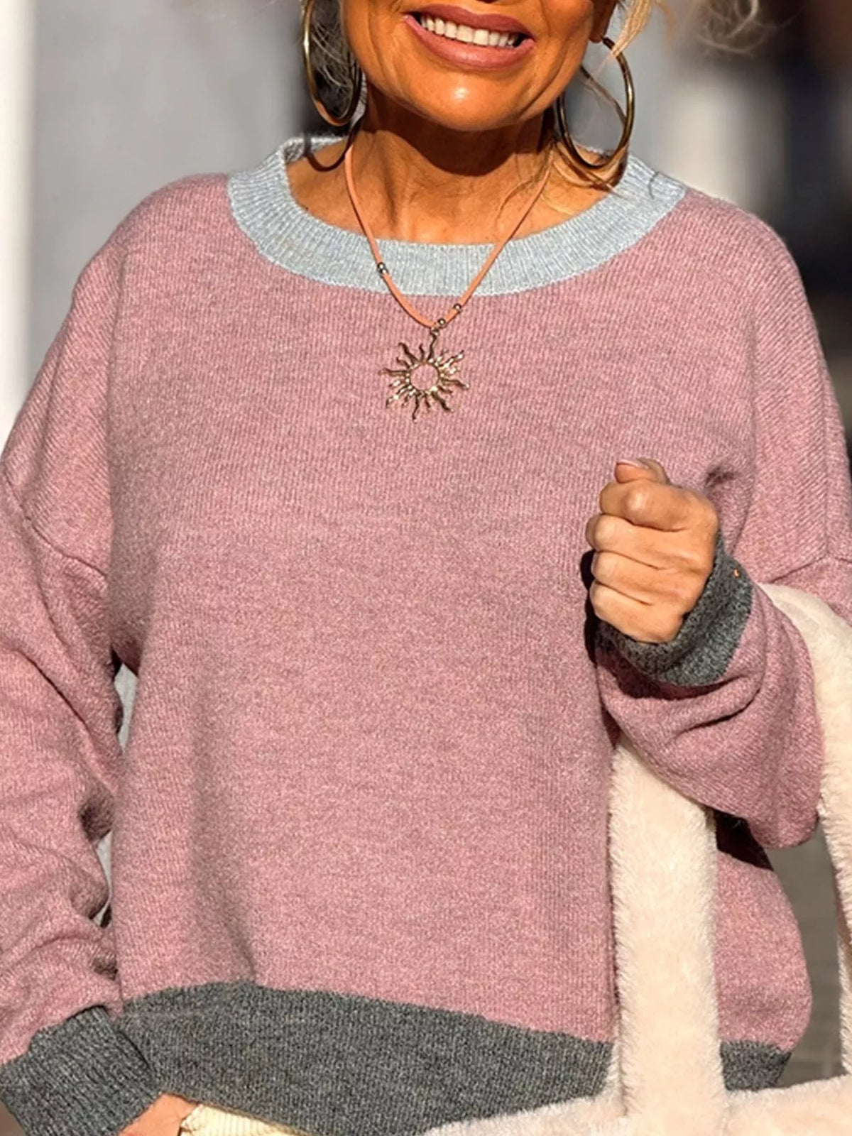 Contrast Trim Crew Neck Sweater - Sky Blue - View 2