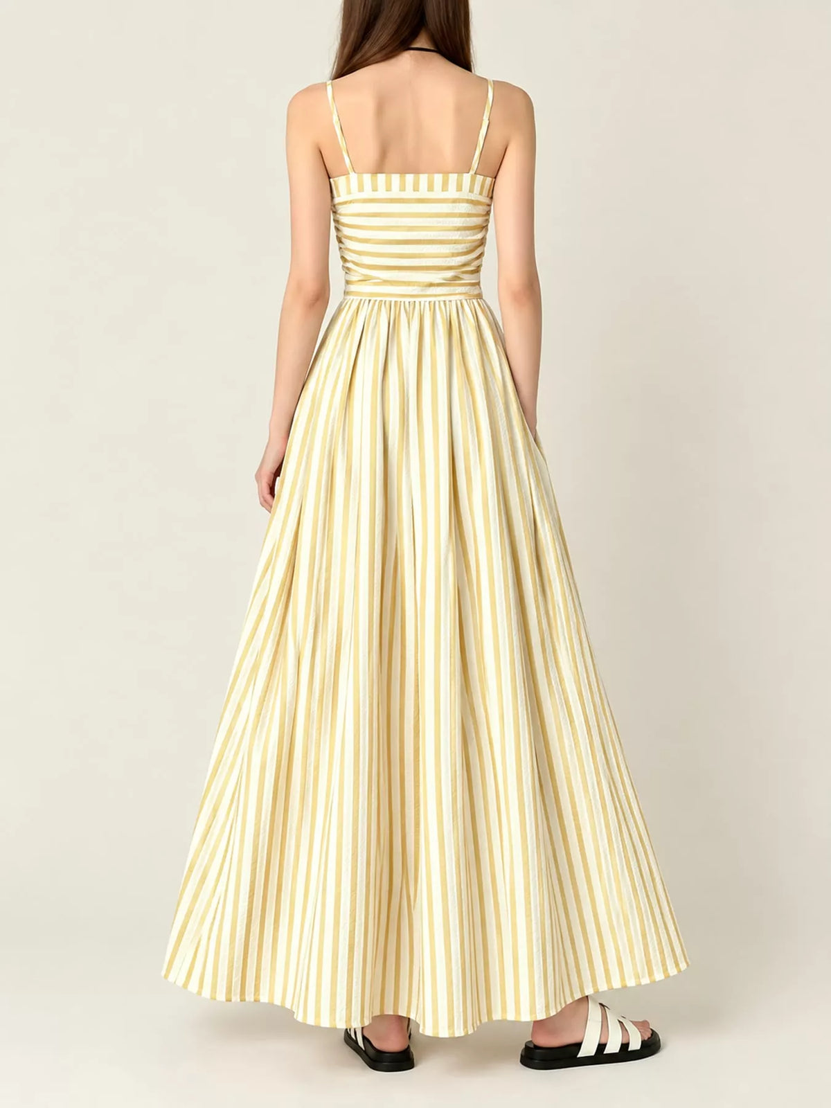 Striped Spaghetti Strap A-Line Maxi Dress - Yellow - View 13
