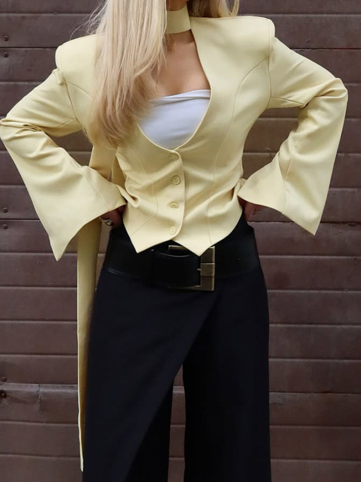 Button Up Long Sleeve Blazer - Pastel Yellow - View 2