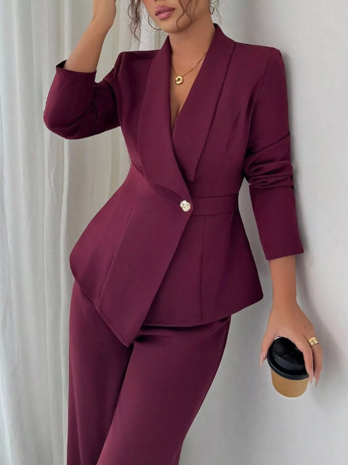 One Button Blazer and Pants Set - Burgundy - View 32