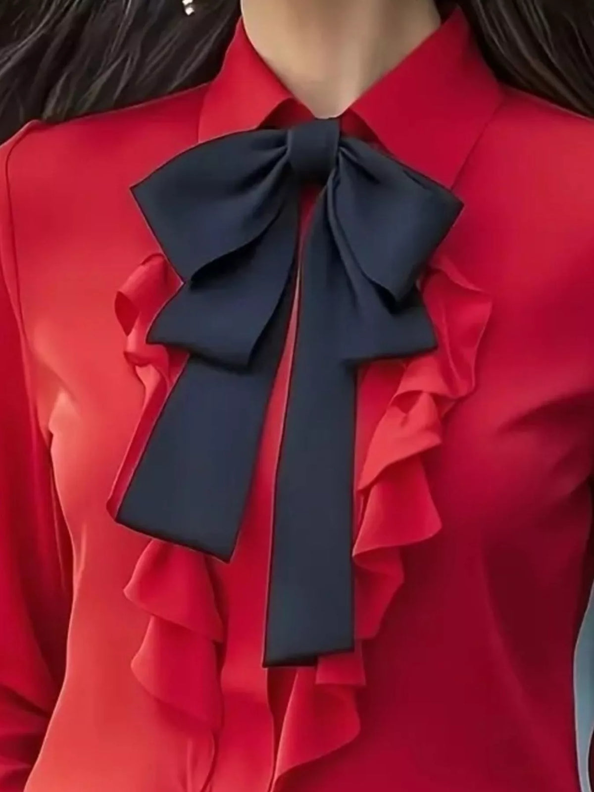 Ruffled Tie Front Long Sleeve Blouse - Red - View 11