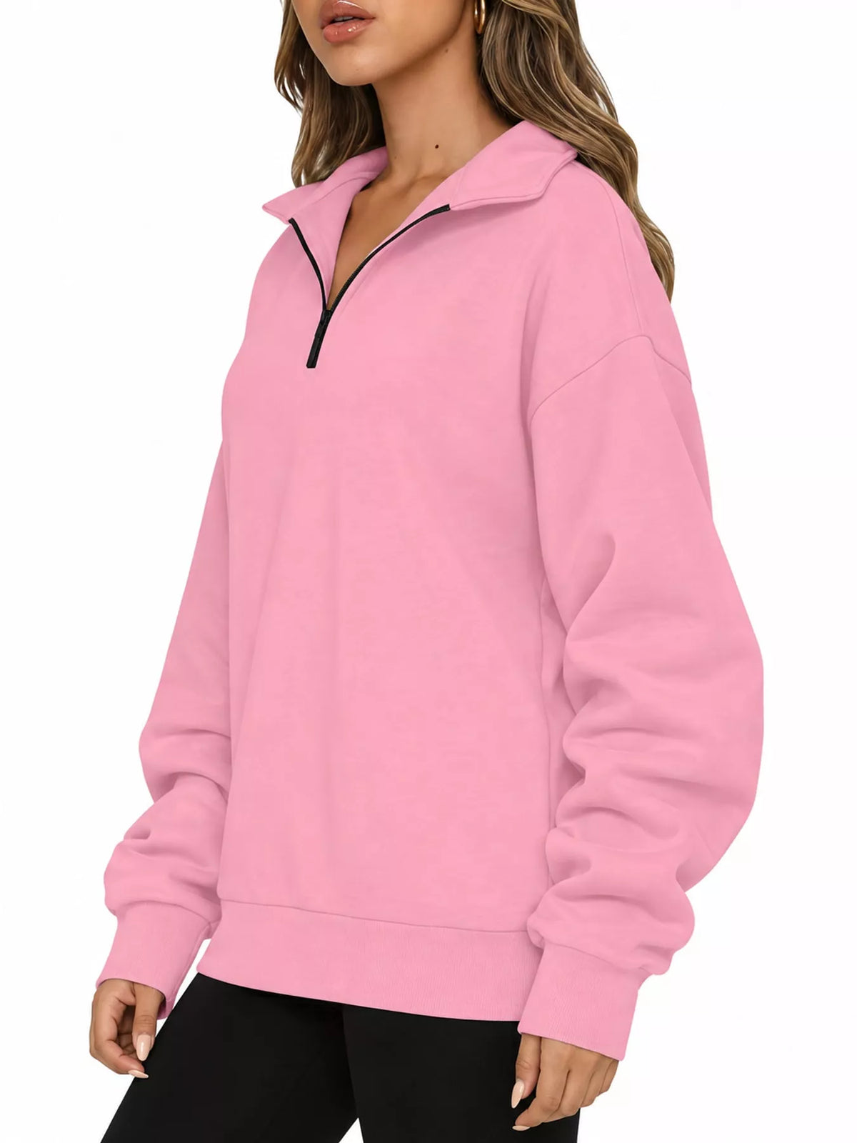 Full Size Quarter-Zip Dropped Shoulder Sweatshirt Plus Size - Pink - View 11