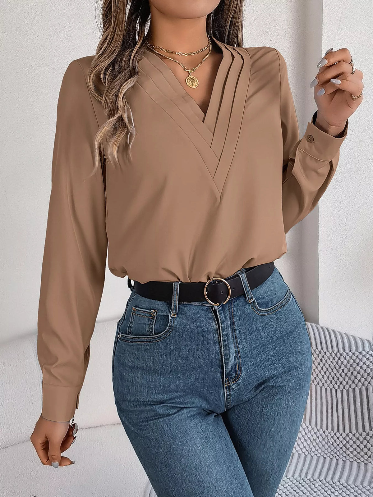 Layered V-Neck Long Sleeve Blouse - Mocha - View 13