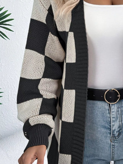Checkerboard Pattern Open Front Knit Cardigan - All Colors - View 3