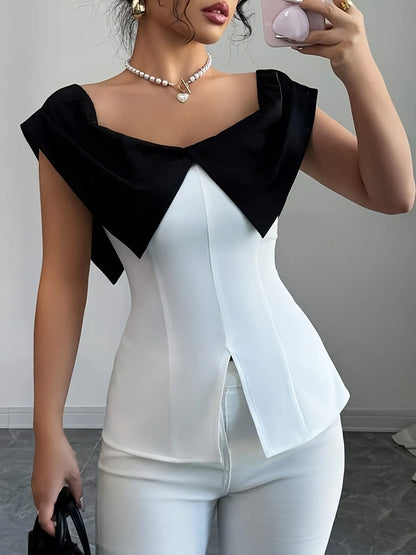 Slit Contrast Cap Sleeve Blouse - White - View 7
