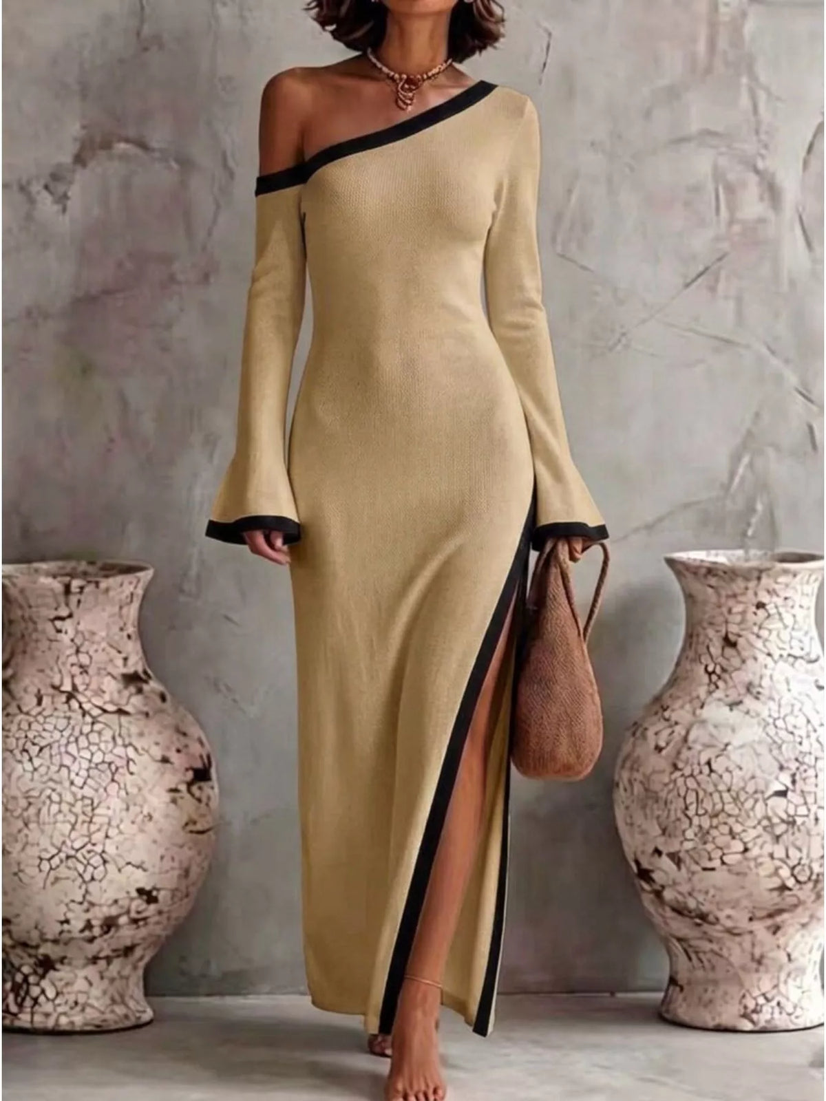 Slit One-Shoulder Contrast Trim Maxi Dress - Tan - View 1
