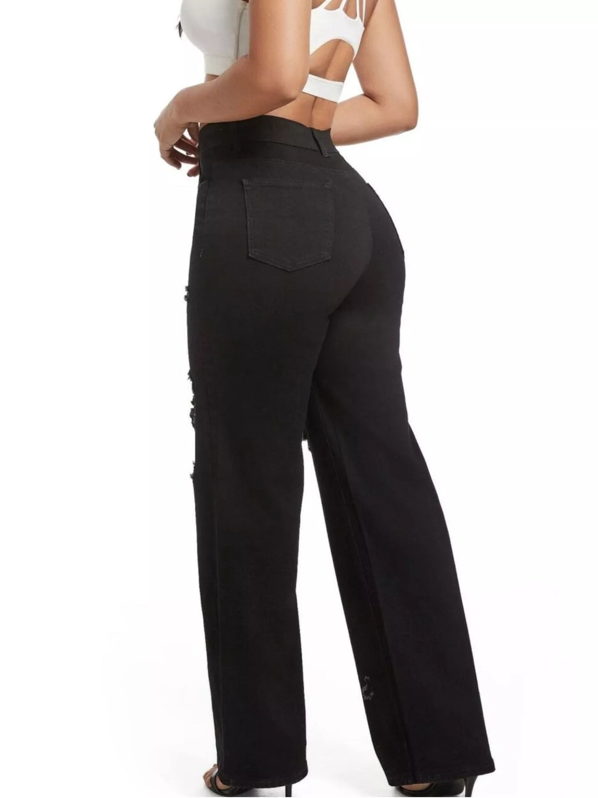 Distressed Wide-Leg Jeans - Black - View 3