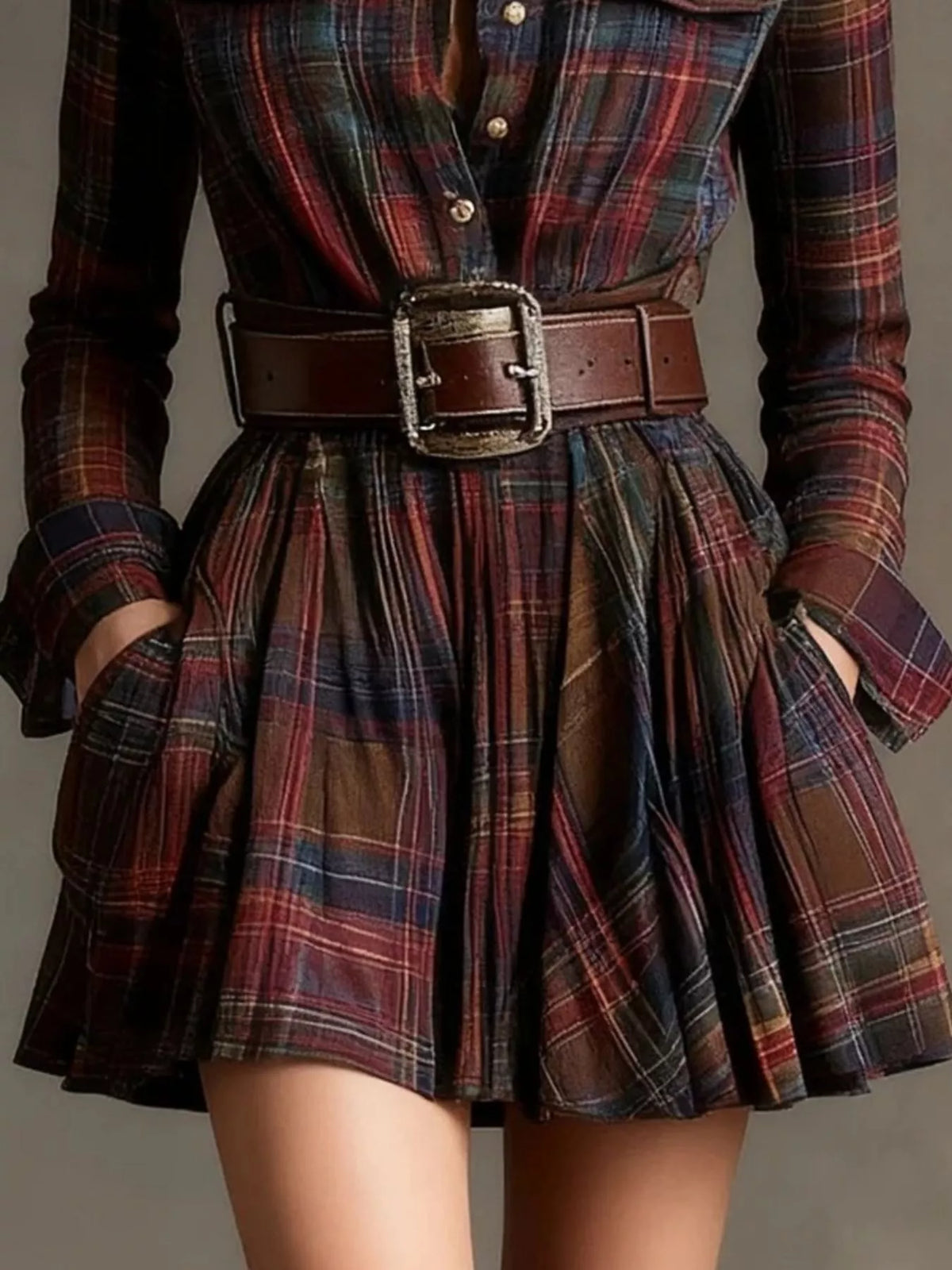 Plaid Long Sleeve Shirt Dress - Burgundy - View 2