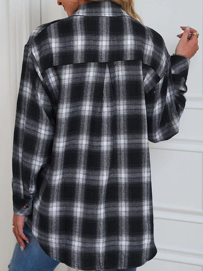 Plaid Button-Down Oversized Shirt - Black - View 4