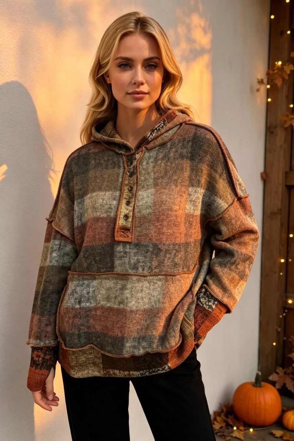Double Take Full Size Plaid Dropped Shoulder Fleece Hoodie Plus Size - Tangerine - View 1