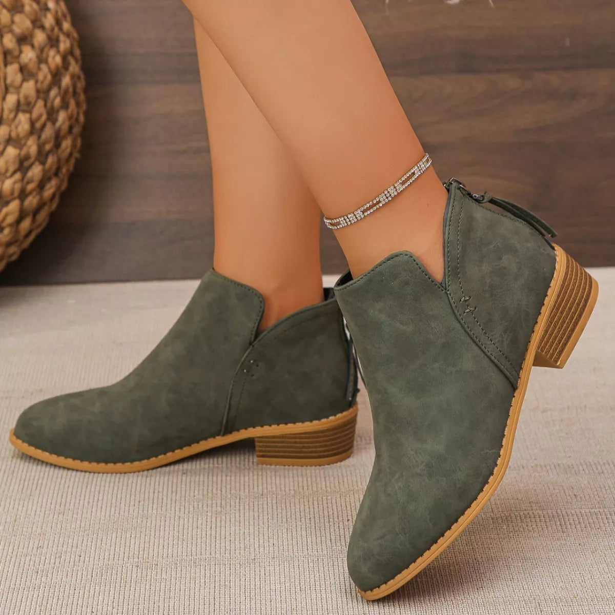 Point Toe Block Heels Boots - Army Green - View 7