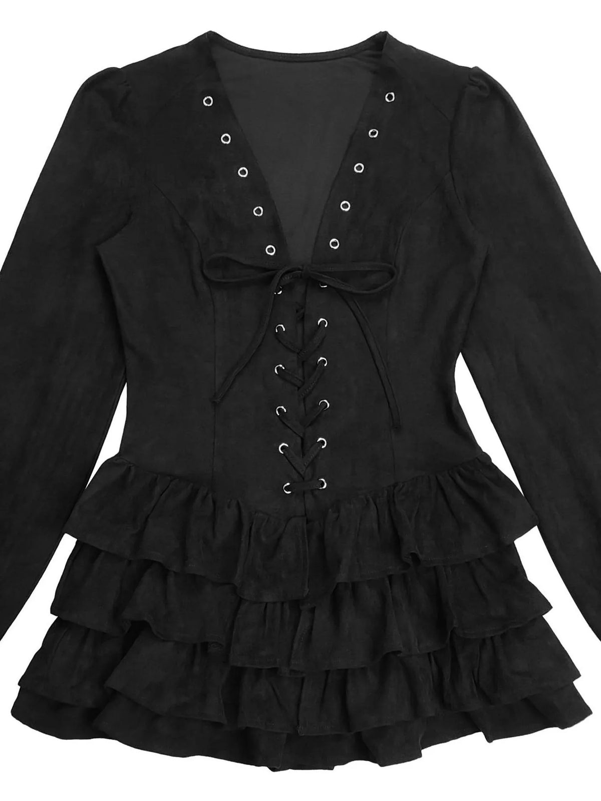 Lace-Up Ruffle Hem Long Sleeve Mini Dress - Black - View 5