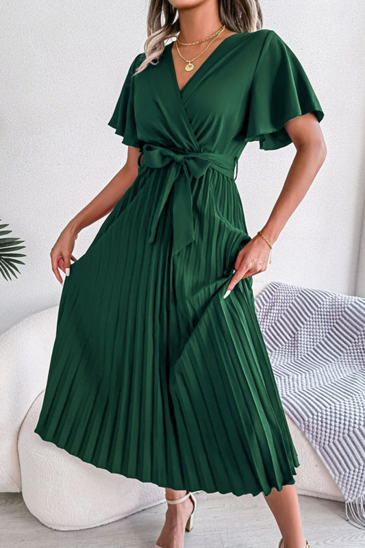 Pleated Flutter Sleeve Belted Dress - Green - View 1