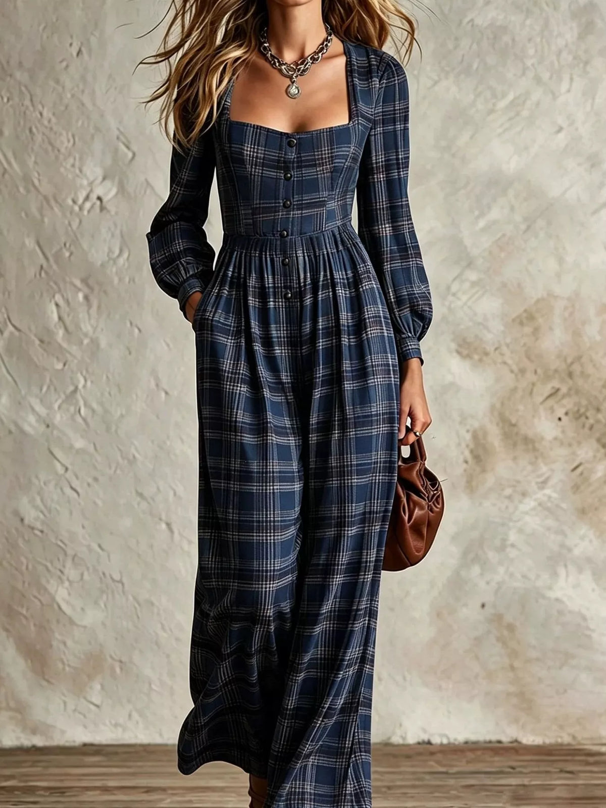 Plaid Square Neck Long Sleeve Wide Leg Jumpsuit - Dark Navy - View 1
