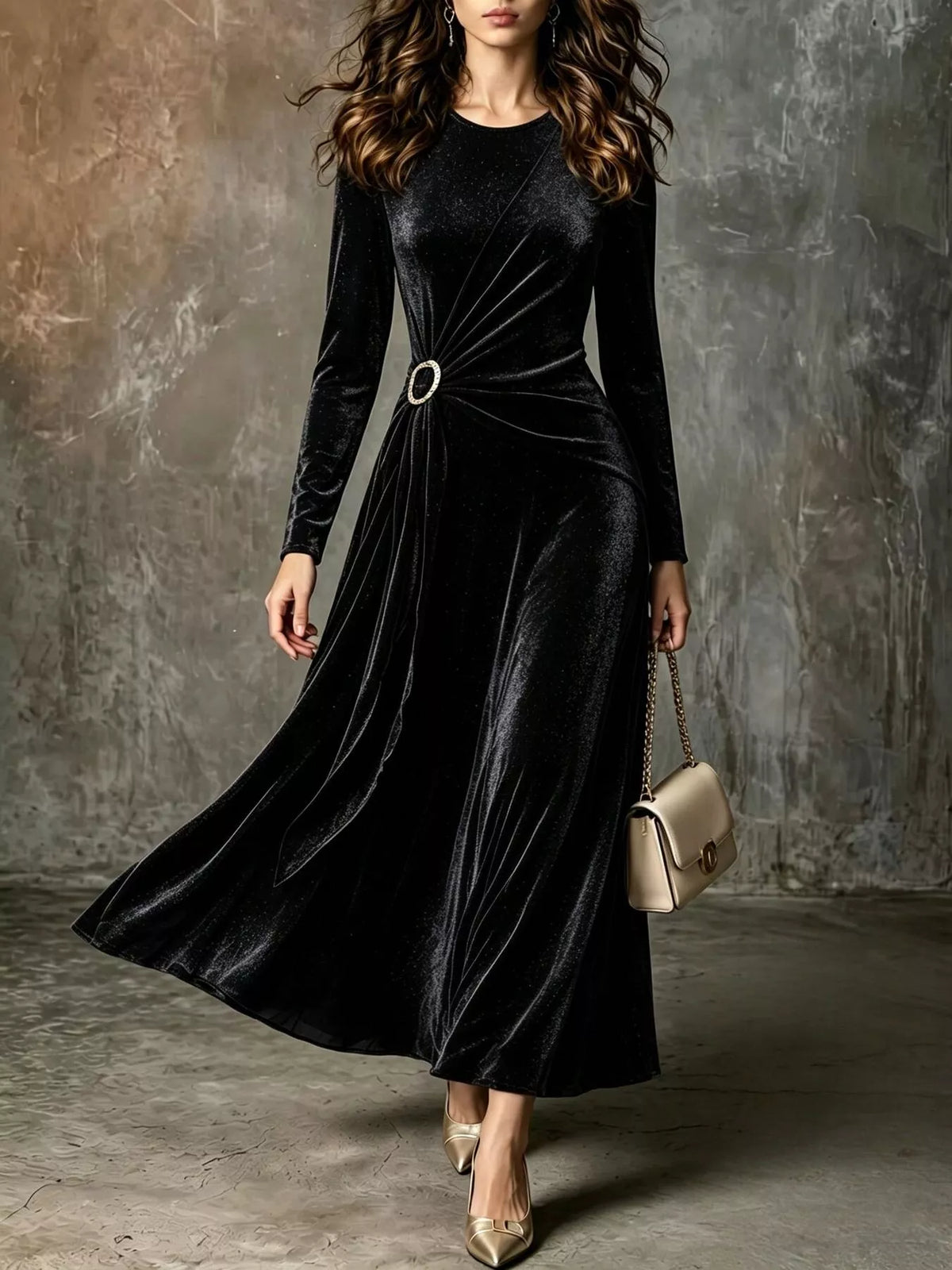 Full Size Velvet Long-Sleeve Maxi Dress with Ring Detail Plus Size - Black - View 1