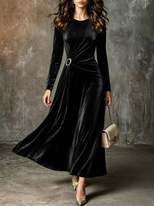 Full Size Velvet Long-Sleeve Maxi Dress with Ring Detail Plus Size - Black - View 1