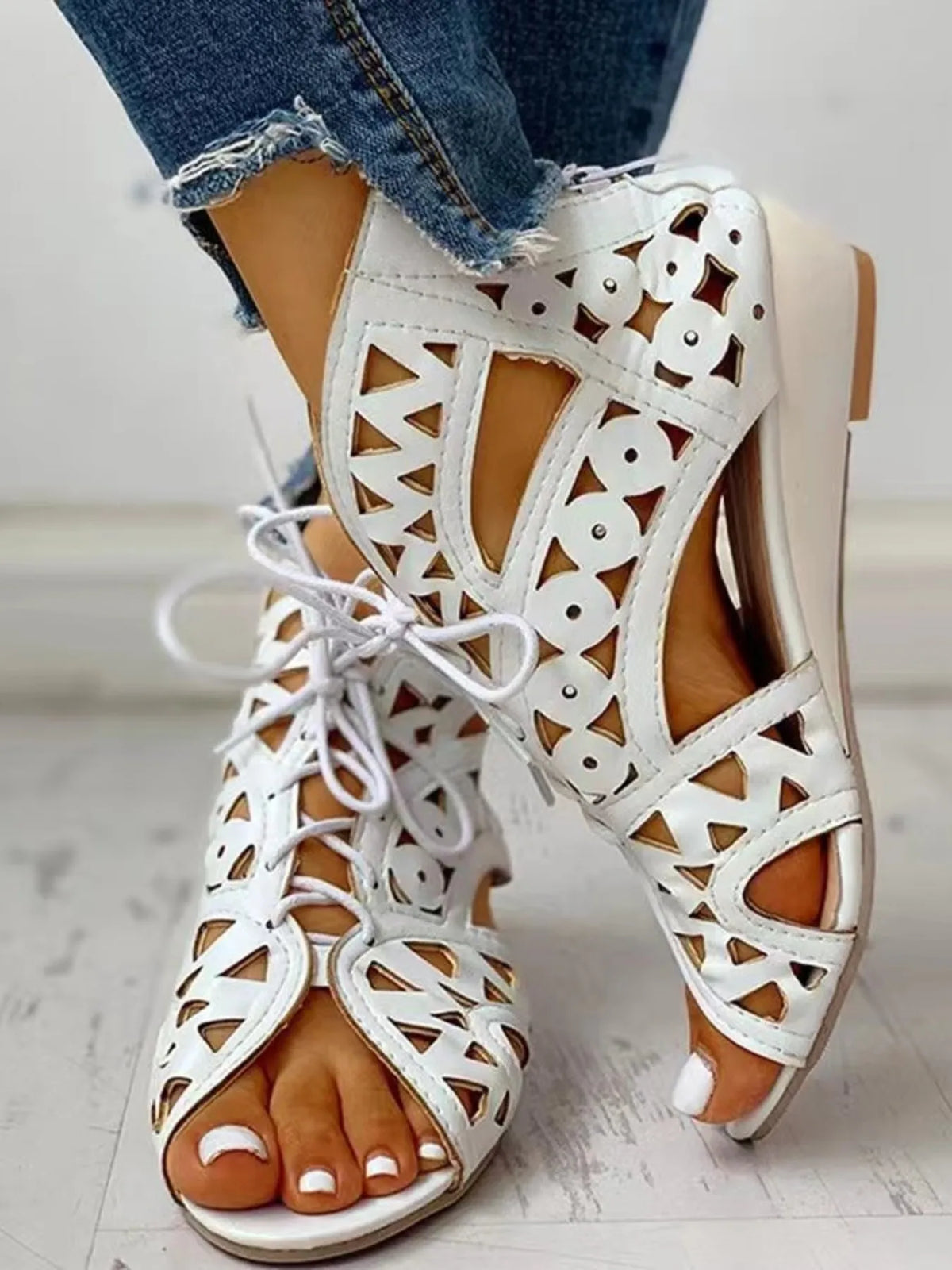 Lace-Up Geometric Cutout Sandals - White - View 2