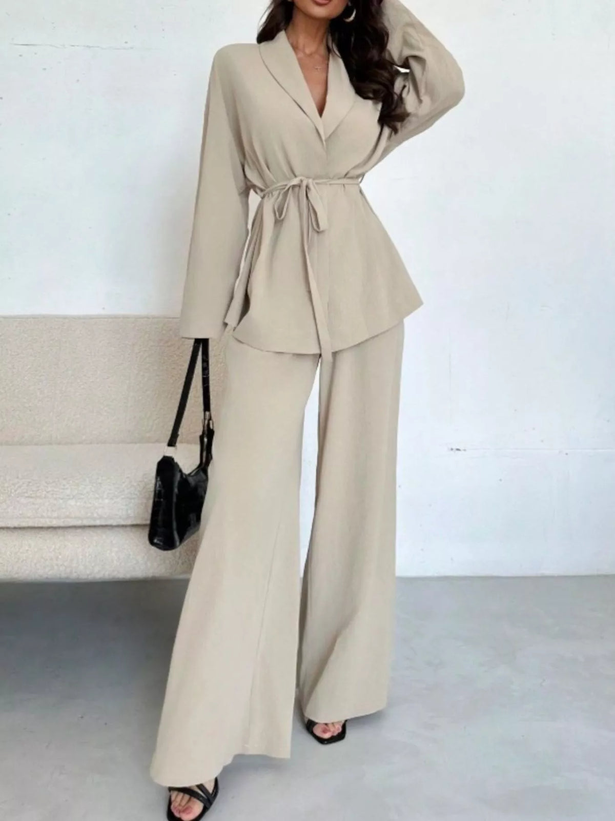 Front Tied Shirt and Wide-Leg Pants Set - Apricot - View 4