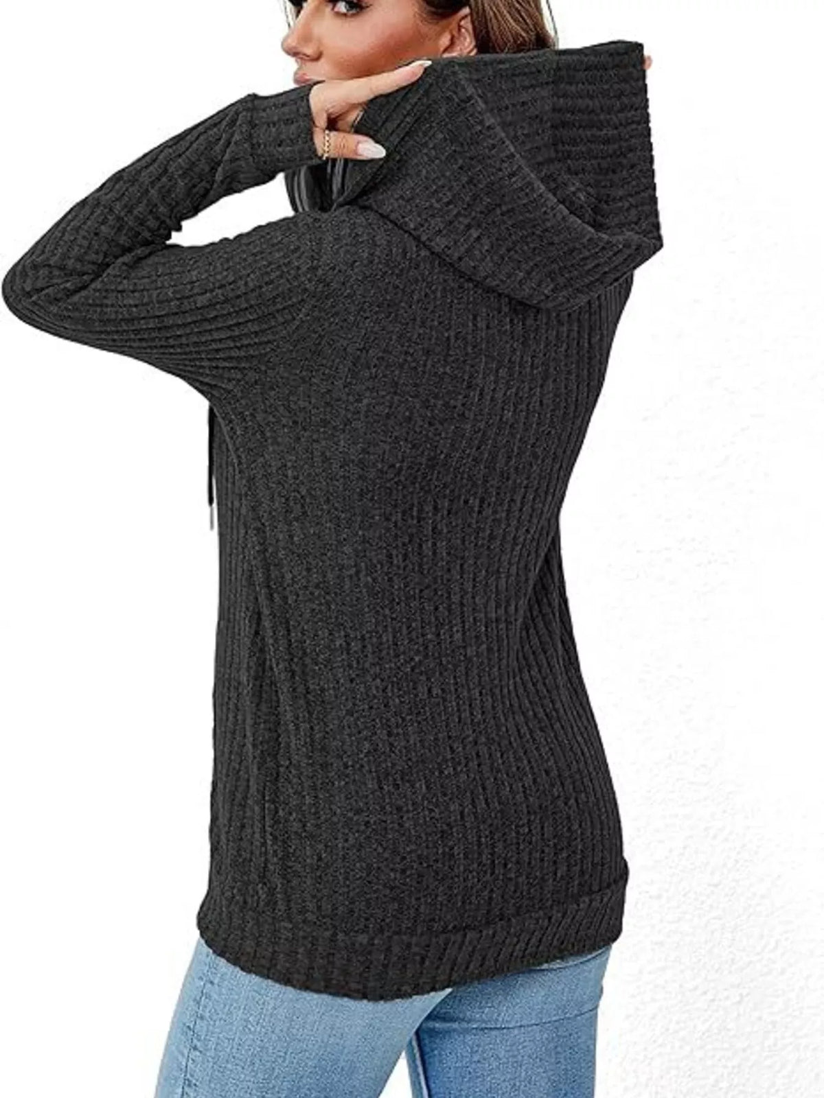 Ribbed Knit Zip-Up Hooded Cardigan - Black - View 4