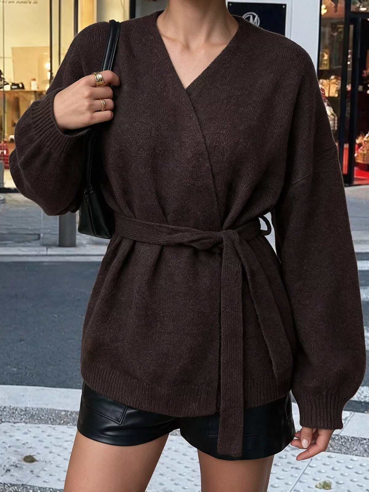 Tie Waist Dropped Shoulder Wrap Cardigan - Chocolate - View 3
