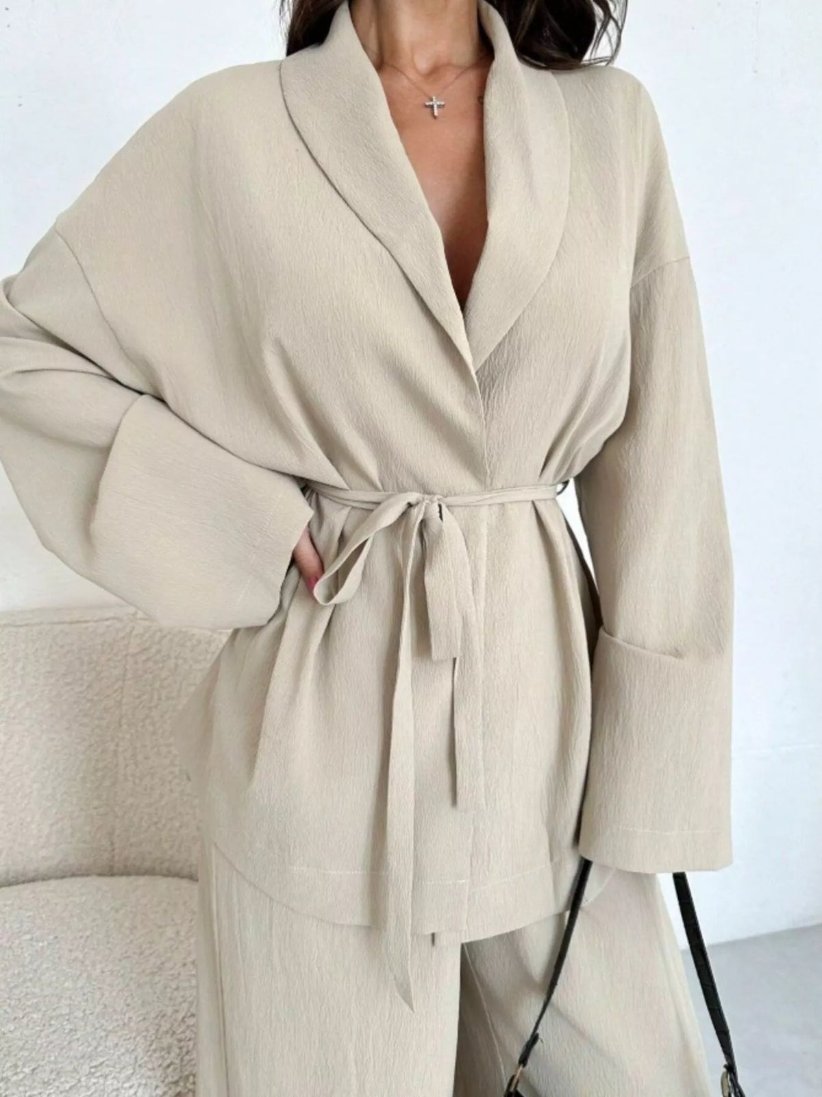 Front Tied Shirt and Wide-Leg Pants Set - Apricot - View 5