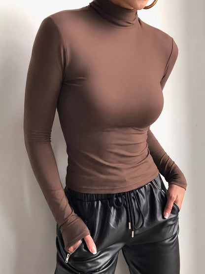 Mock Neck Long Sleeve Slim Fit T-Shirt - Brown - View 3