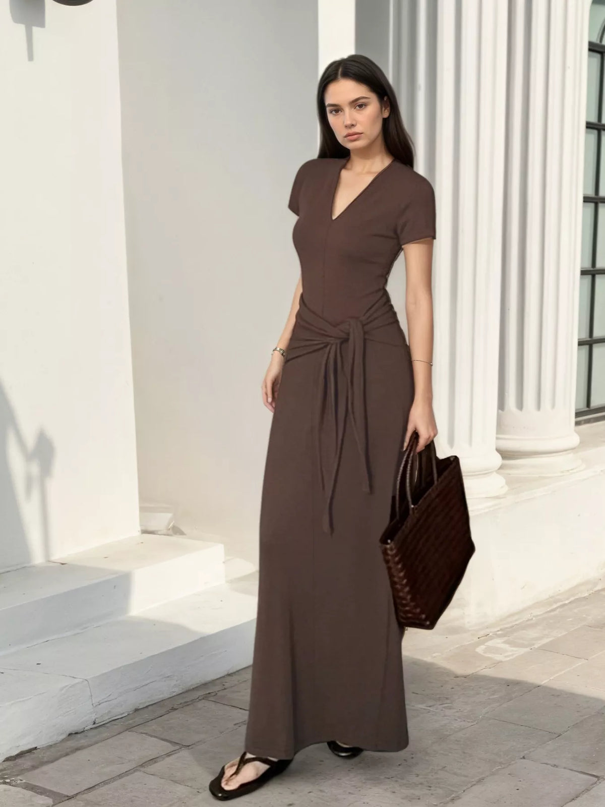 V-Neck Short Sleeve Maxi Dress with Waist-Tie Detail - Coffee Brown - View 3