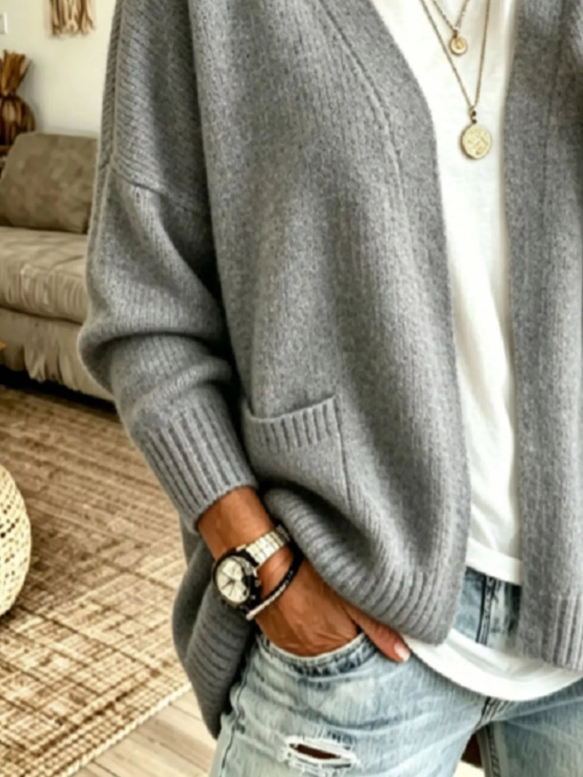 Open Front Knit Cardigan with Pockets - Gray - View 4