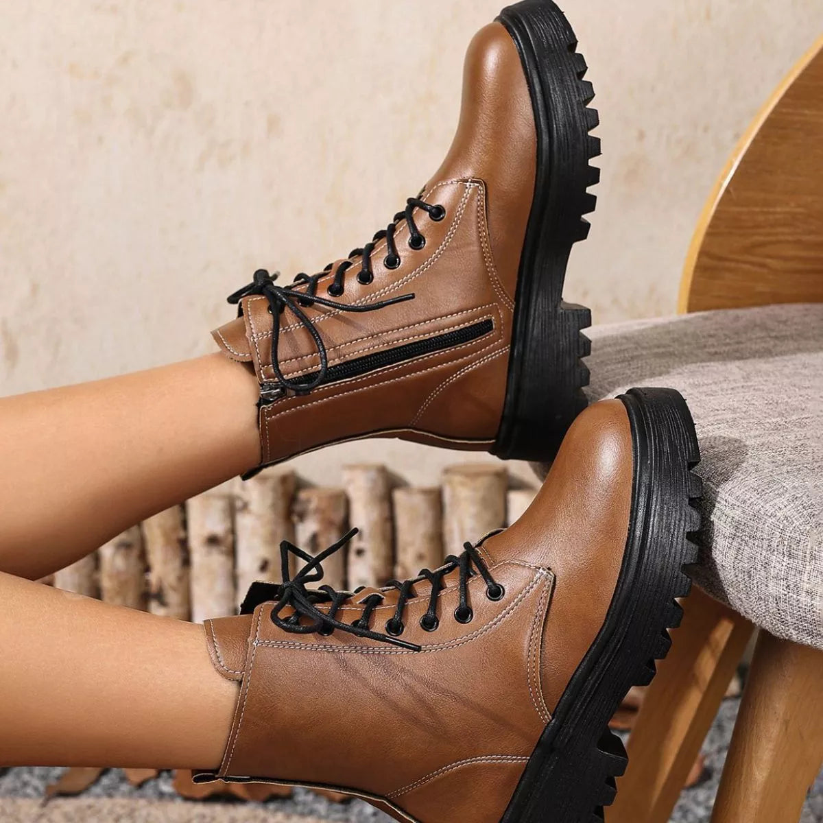 Round Toe Block Heels Boots - Brown - View 3