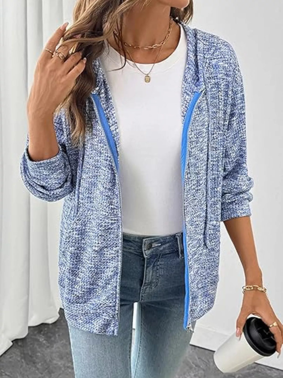 Zip-Up Drawstring Hooded Cardigan - Light Blue - View 3