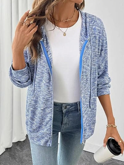 Zip-Up Drawstring Hooded Cardigan - Light Blue - View 3