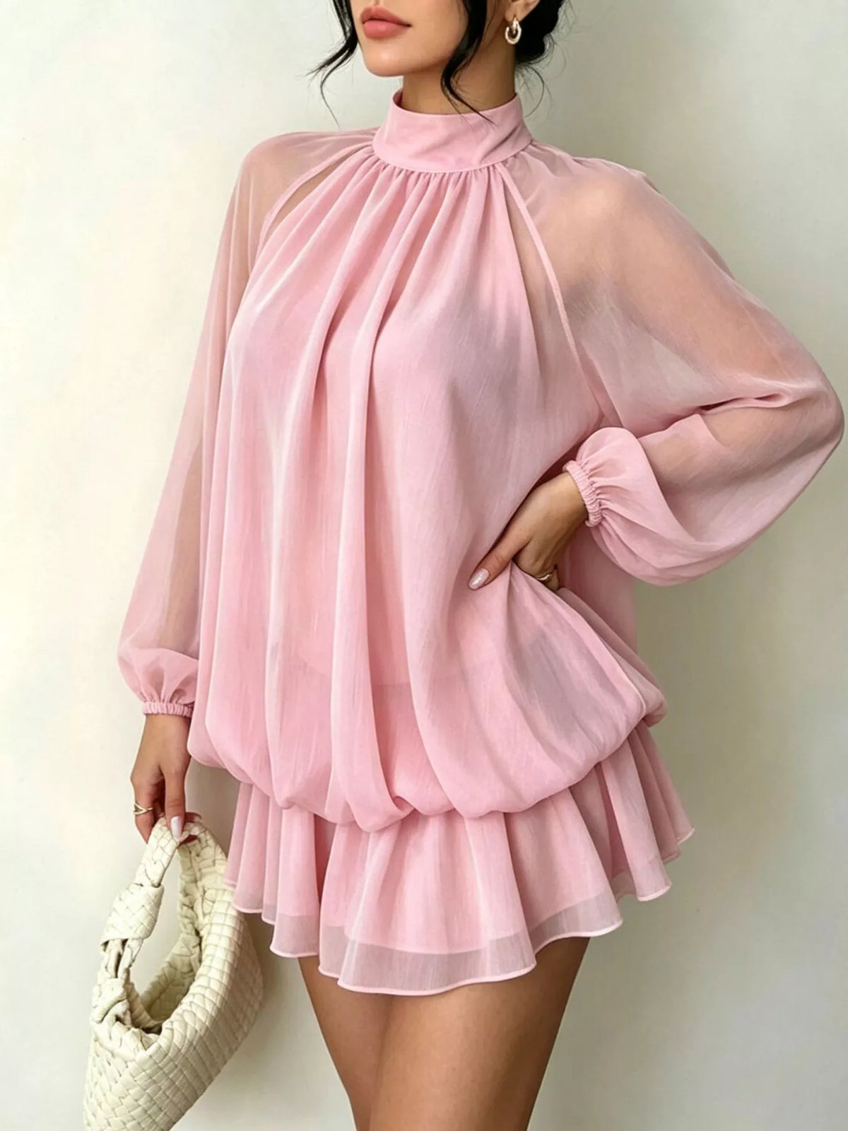 Mock Neck Sheer Chiffon Mini Dress - Dusty Pink - View 3