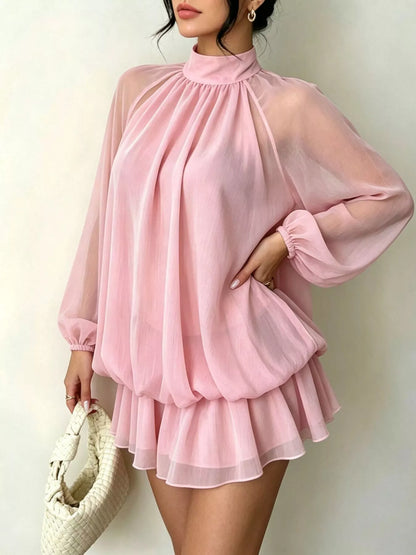 Mock Neck Sheer Chiffon Mini Dress - Dusty Pink - View 3