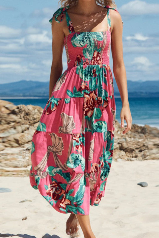 Floral Smocked Tie-Shoulder Tiered Dress - Multicolor - View 1
