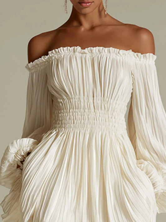 Off-Shoulder Pleated Mini Dress - Cream - View 2