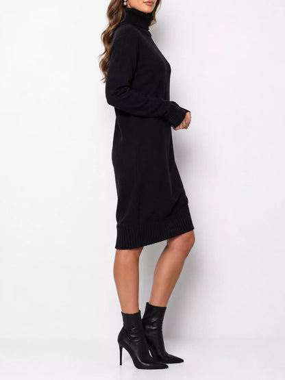 Turtleneck Ribbed Knit Sweater Dress - Black - View 6