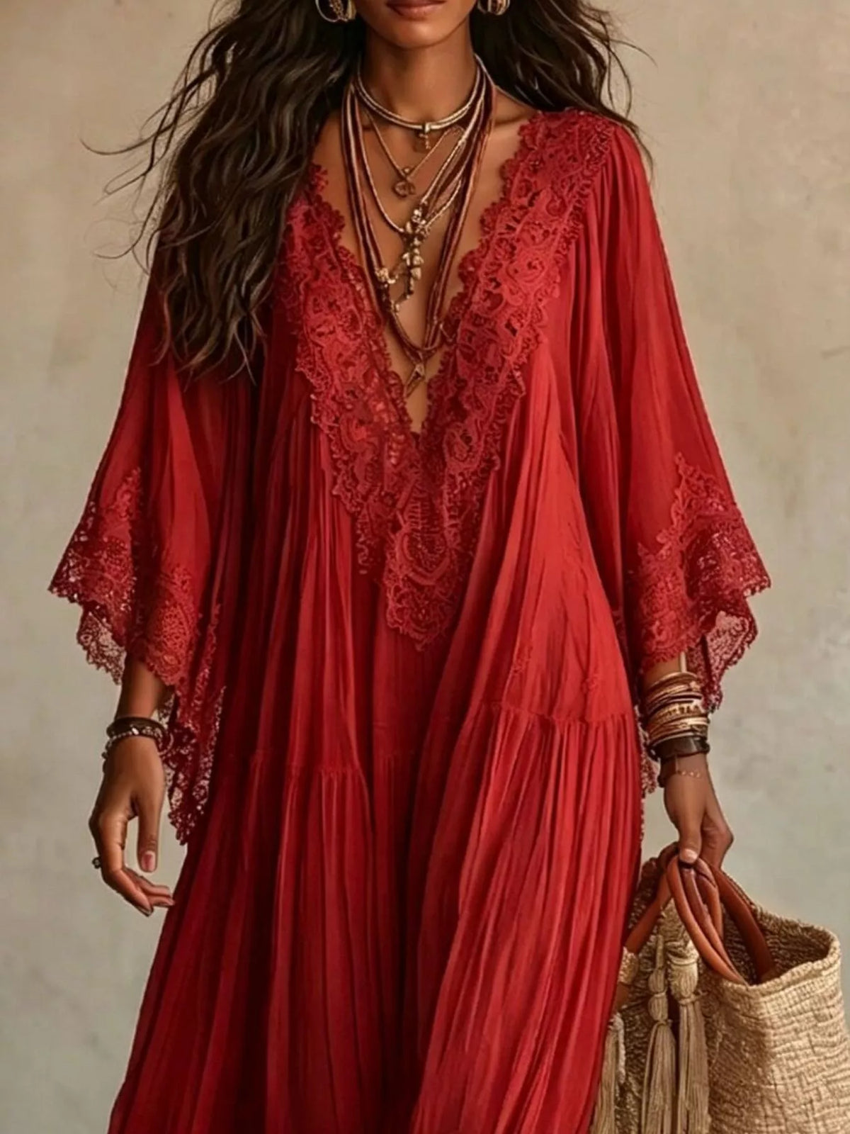Lace Trim V-Neck Maxi Dress - Deep Red - View 2
