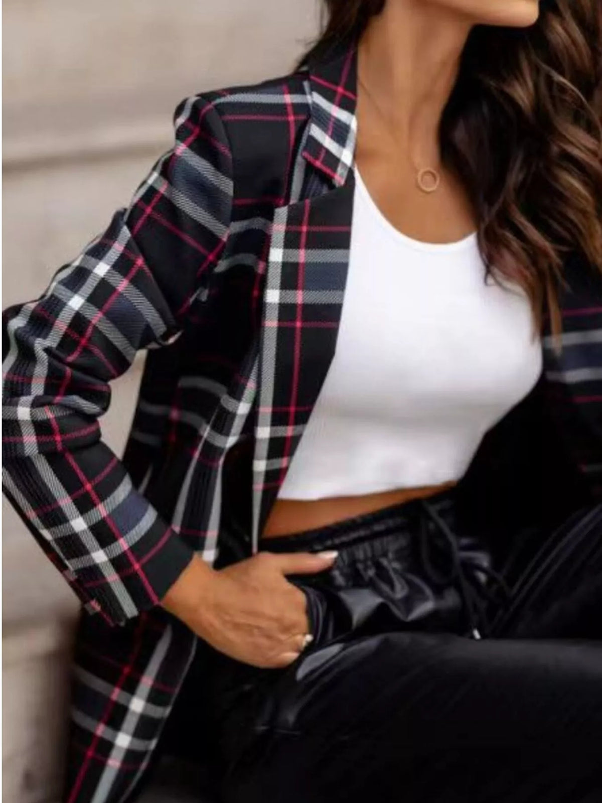 Plaid Lapel Collar Blazer - Black - View 2