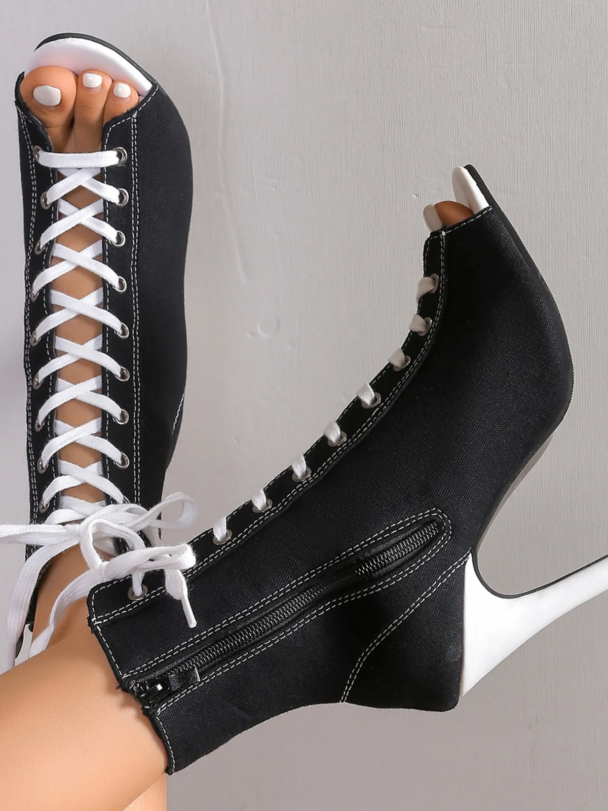 Canvas Lace-Up Peep Toe Stiletto Ankle Boots - Red - View 5
