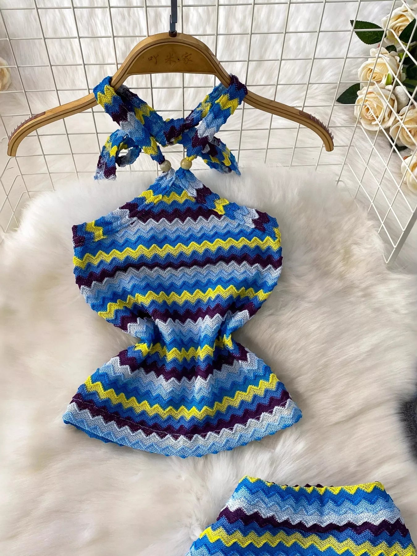 Striped Knitted Halter Top and Maxi Skirt Set - Cerulean - Top and Skirt Detail Flat Lay View