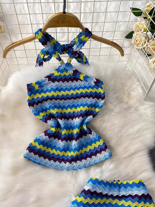 Striped Knitted Halter Top and Maxi Skirt Set - Cerulean - Top and Skirt Detail Flat Lay View