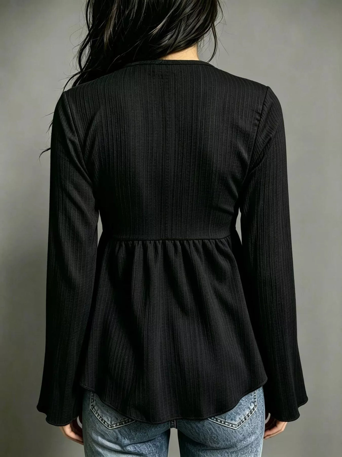 Tie-Front Flare Sleeve Blouse - Black - View 5
