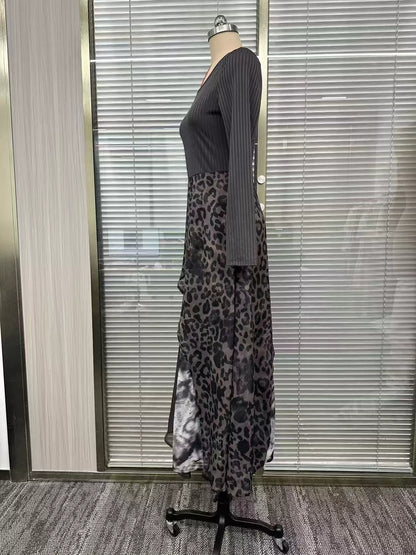Ribbed Knit Leopard Print Patchwork Maxi Dress - Black - View 6