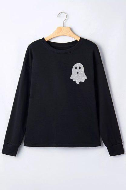 Round Neck Ghost Print Regular Fit Graphic Long Sleeve T-Shirt - Black - View 2