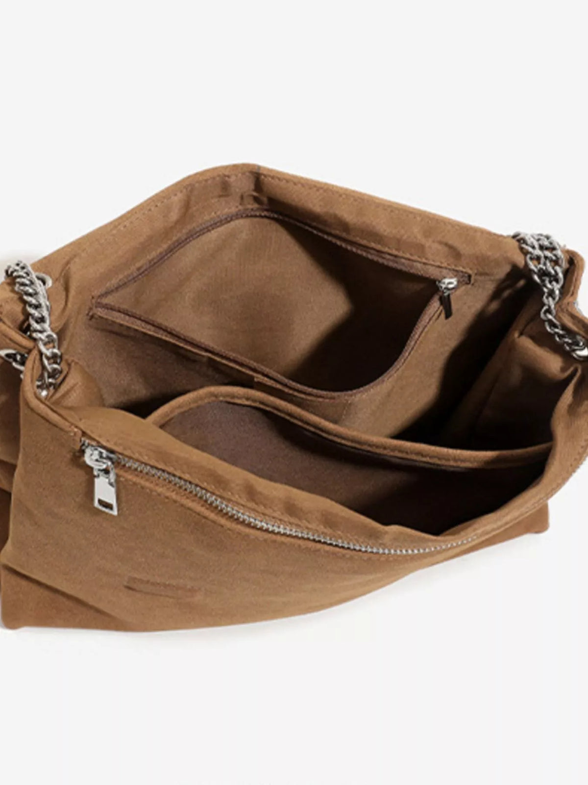 Suede Shoulder Bag with Metallic Chain Strap - Brown - View 5