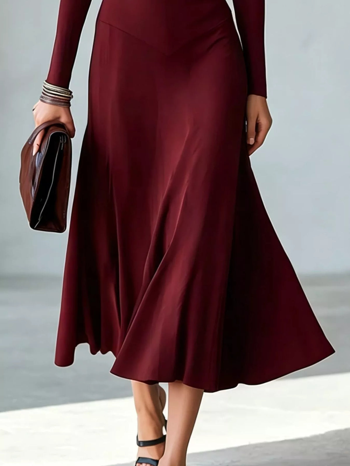 Full Size Mock Neck Cut-Out Long Sleeve Midi Dress Plus Size - Red - View 3