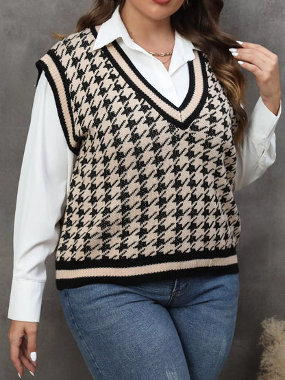 Plus Size Houndstooth V-Neck Knit Sweater Vest - Apricot - View 2