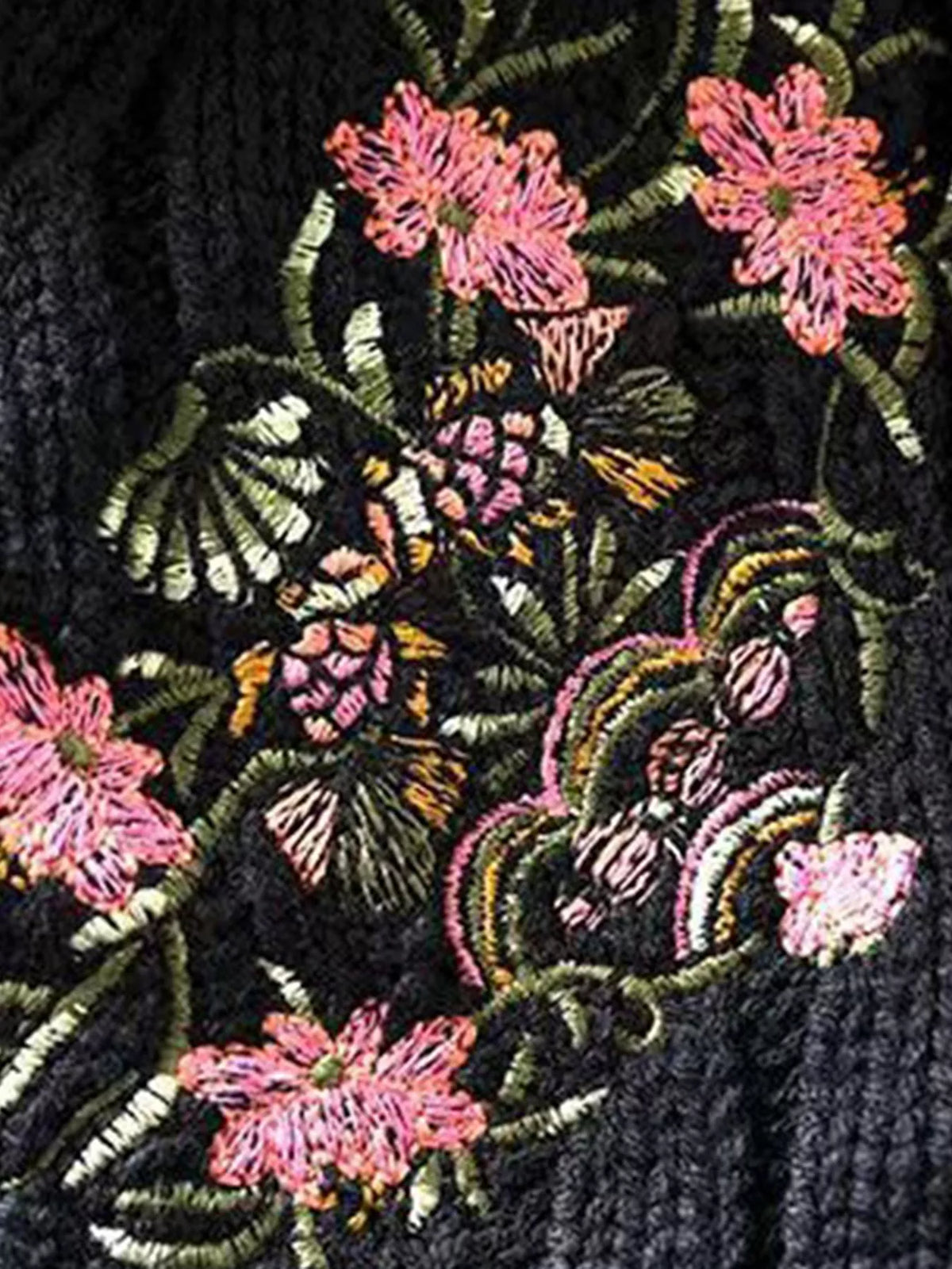 Floral Embroidered V-Neck Button-Down Sweater Vest - Black - View 2